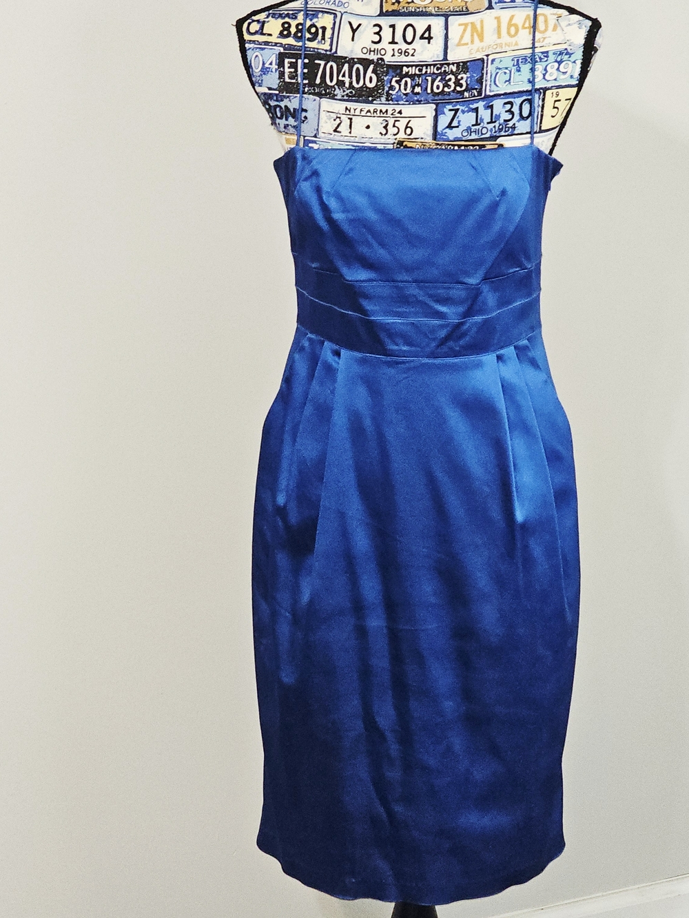 Democracy Blue Spaghetti Strap Pleated Sheath Midi Dress Size 8 Pockets Full Zip